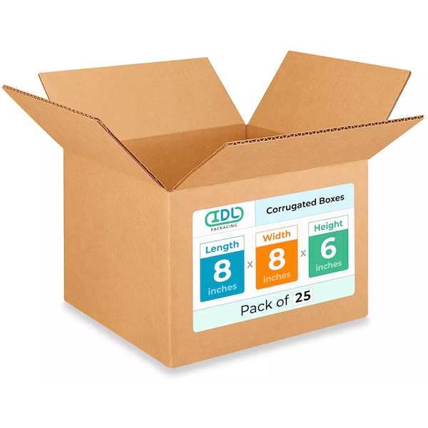 Idl Packaging 8 in x 8 in x 6 in Shipping Box, Kraft, Corrugate, Single Wall, 200#, 25 PK B-886-25 - main